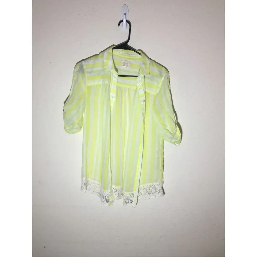 Womens Edme & Esyllte Button Up Size 2 Yellow Blue Striped Lace Detail Pretty